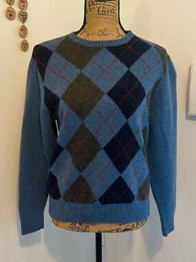 Vintage J. Crew Light Blue Argyle Crewneck Sweater with Navy & Gray Diamonds